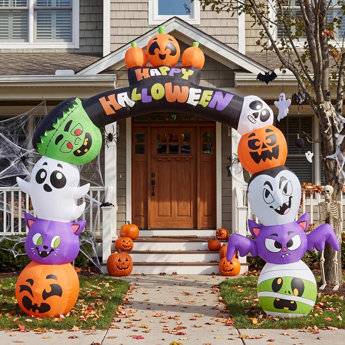 Inflatable Halloween archway showing the carved pumpkin faces along the arch