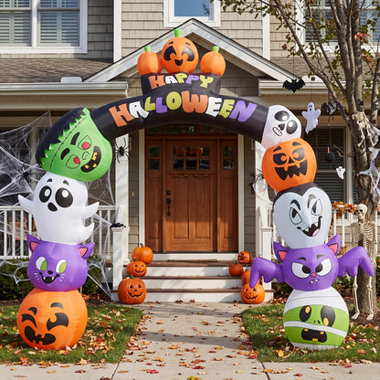 Inflatable Halloween archway showing the carved pumpkin faces along the arch