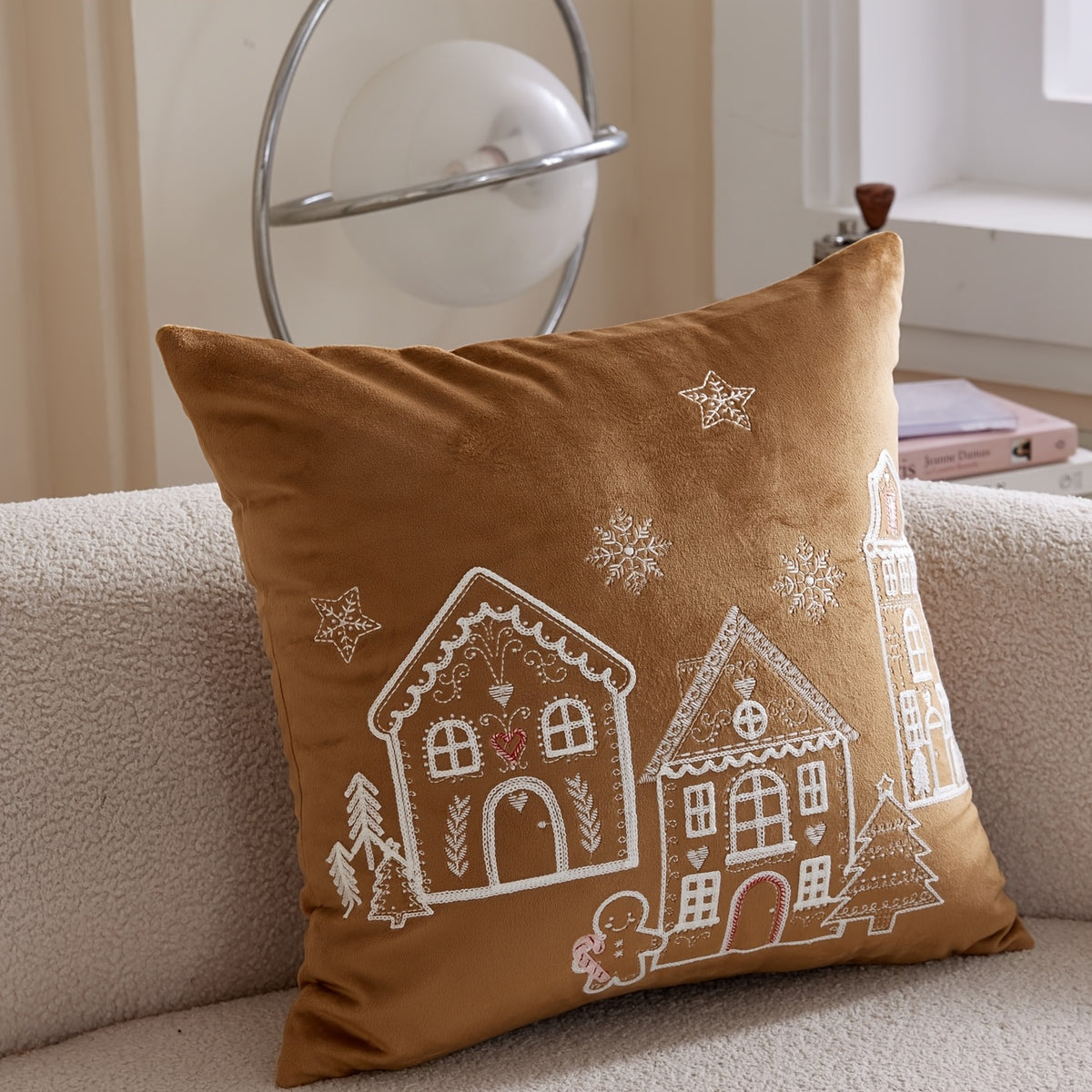 Zipper closure Christmas pillow cover in brown flannel