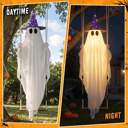 Hanging Halloween Ghost Decoration with String Lights, Two Witch Hats, Canvas, Outdoor Porch and Tree Decor