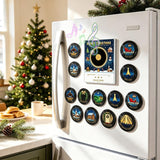 Miniature Christmas carol record discs laid out beside the record player magnet