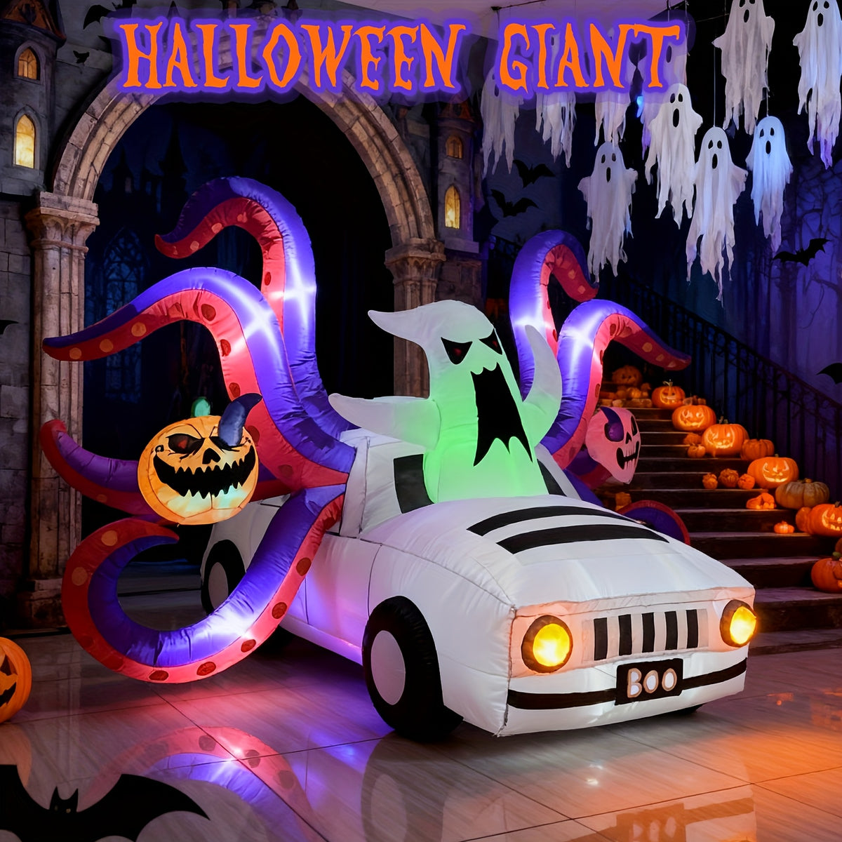 Ten-foot inflatable Halloween scene with a car wrapped in giant octopus tentacles