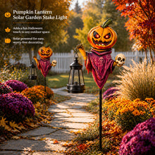 Pumpkin scarecrow solar stake shown in a garden bed during daylight