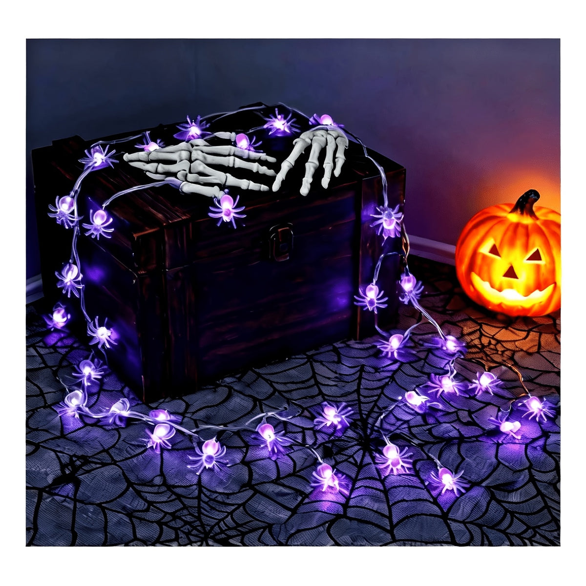 Purple spider Halloween LED light hanging in a window display