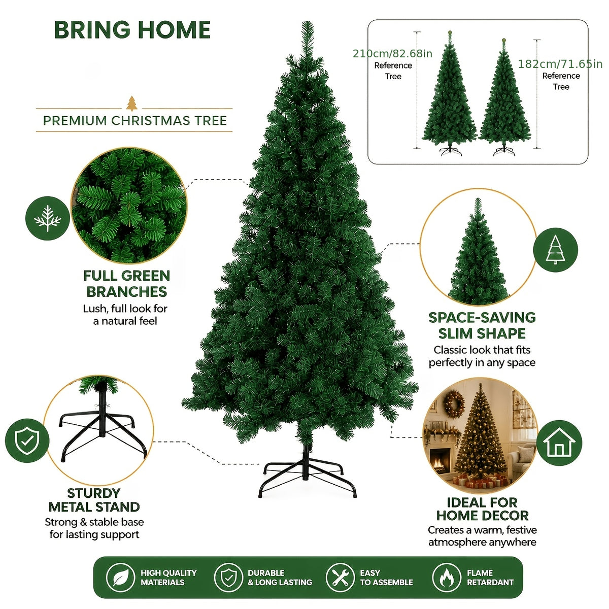 Height reference for the two sizes of green artificial Christmas tree