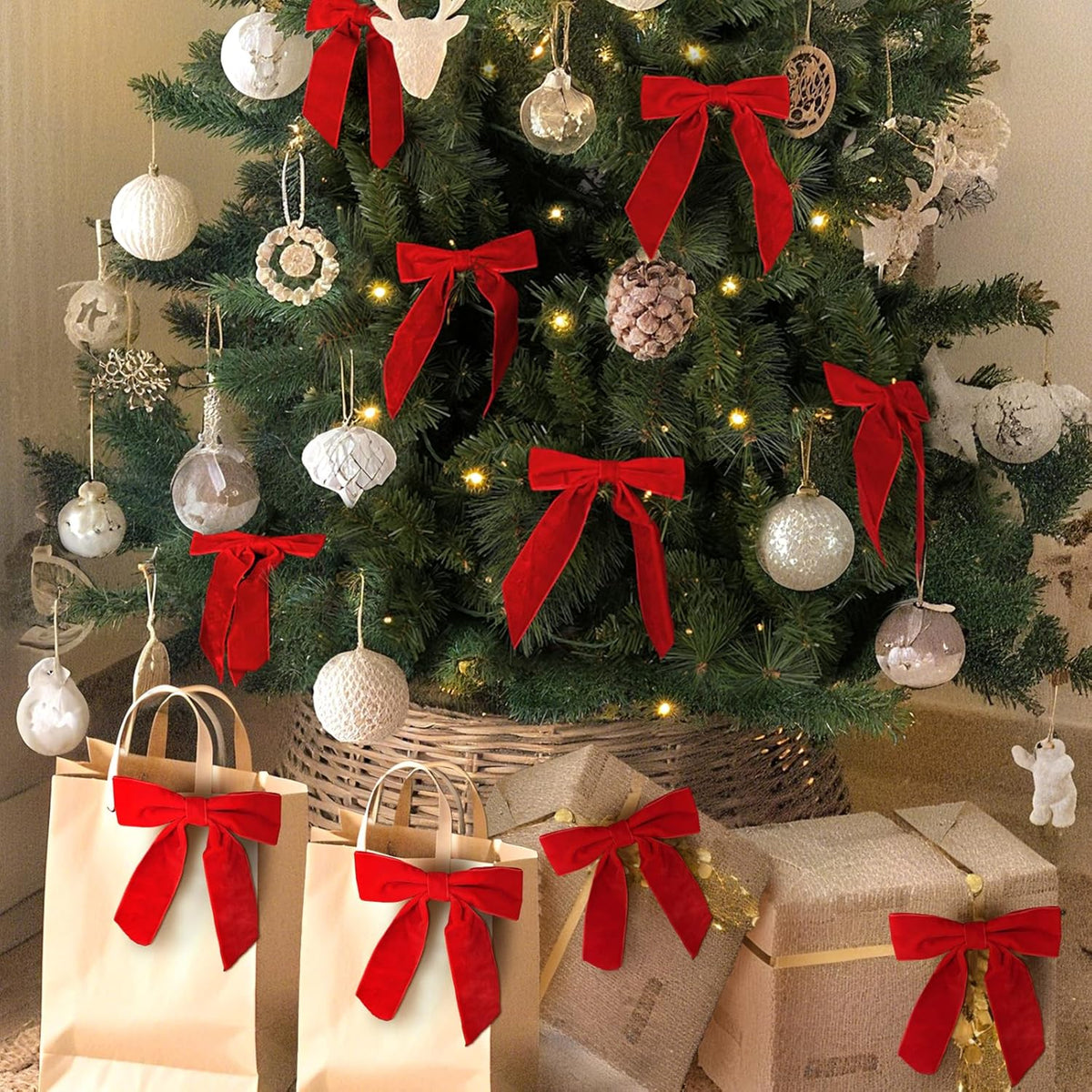 Red velvet Christmas bow for a tree branch, wreath or garland