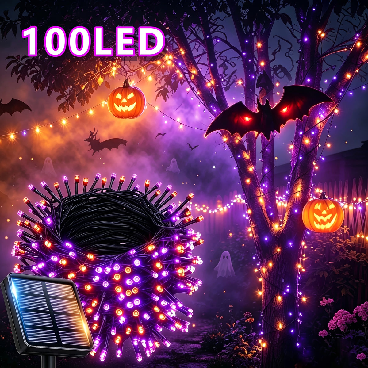 Solar string lights hung on a tree branch