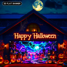 Glow-in-the-dark Halloween garage door banner hung on a garage