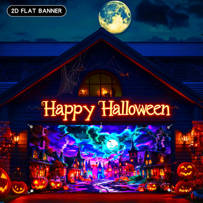 Glow-in-the-dark Halloween garage door banner hung on a garage