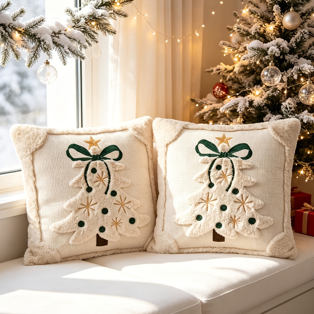 Christmas Pillow Covers, 2 Pack, 18 x 18 in Quilted Tree and Bow