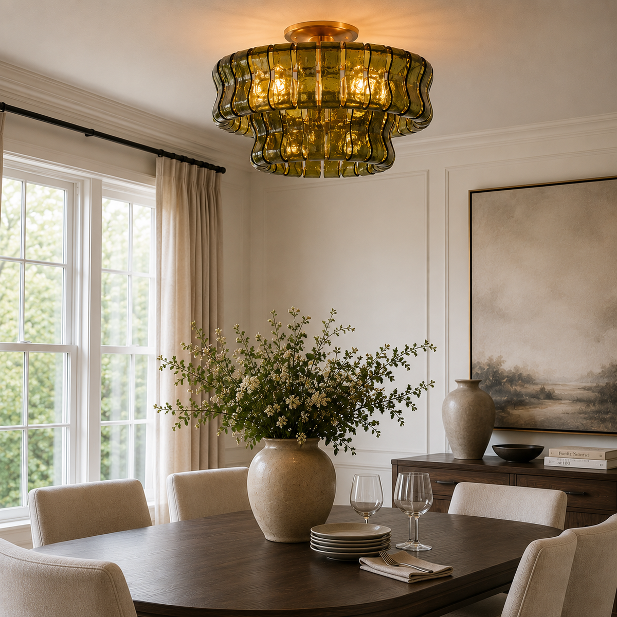 Salvio Flush Mount Ceiling Light, Curved Textured Glass, Plated Brass Finish, 3-Light, 18 Inch