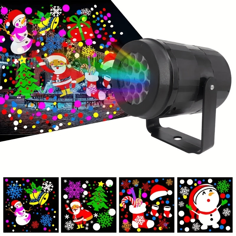 Christmas projection light casting rotating colored patterns on an indoor wall