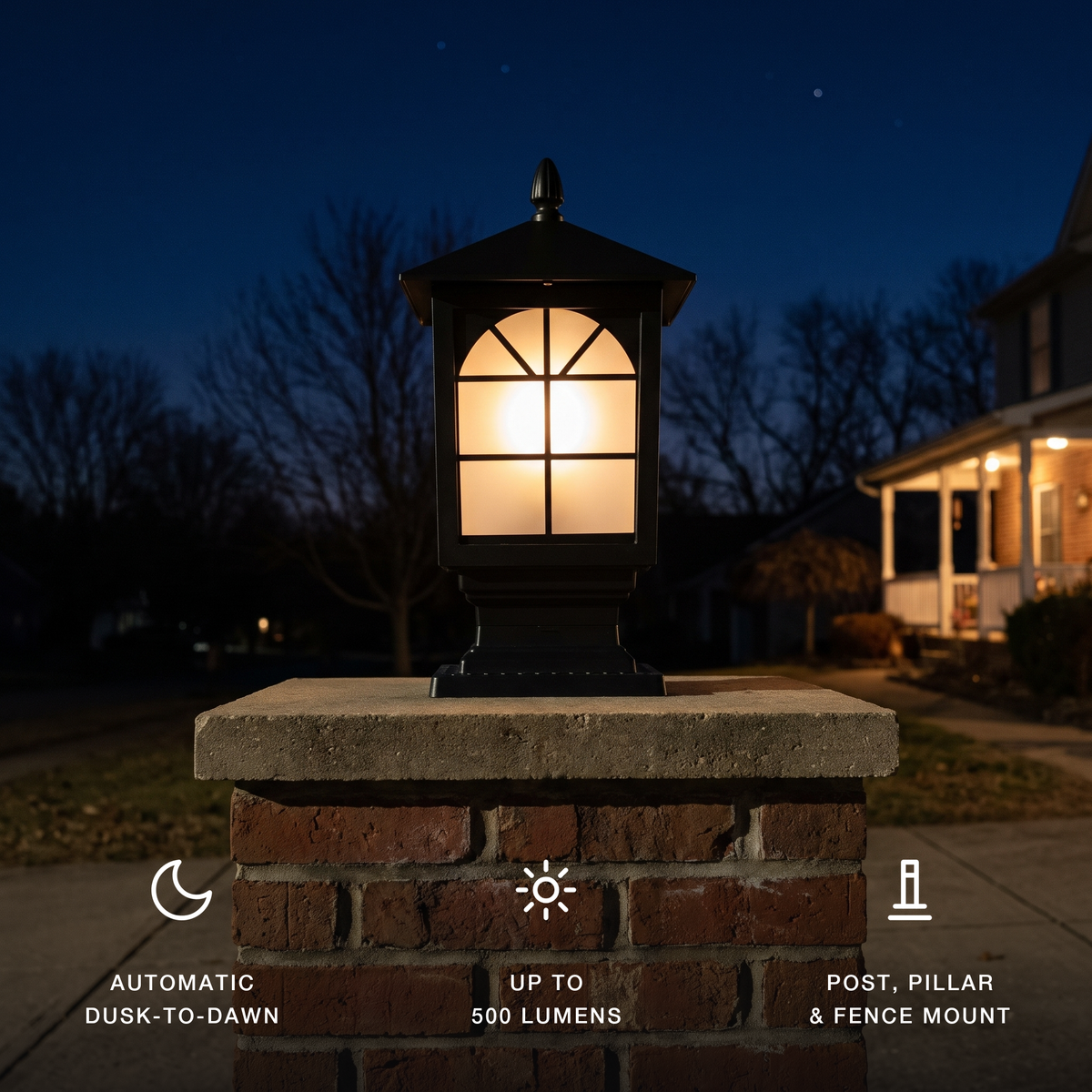 Birchwood post light at night with key specs: automatic dusk-to-dawn, up to 500 lumens, post pillar and fence mount