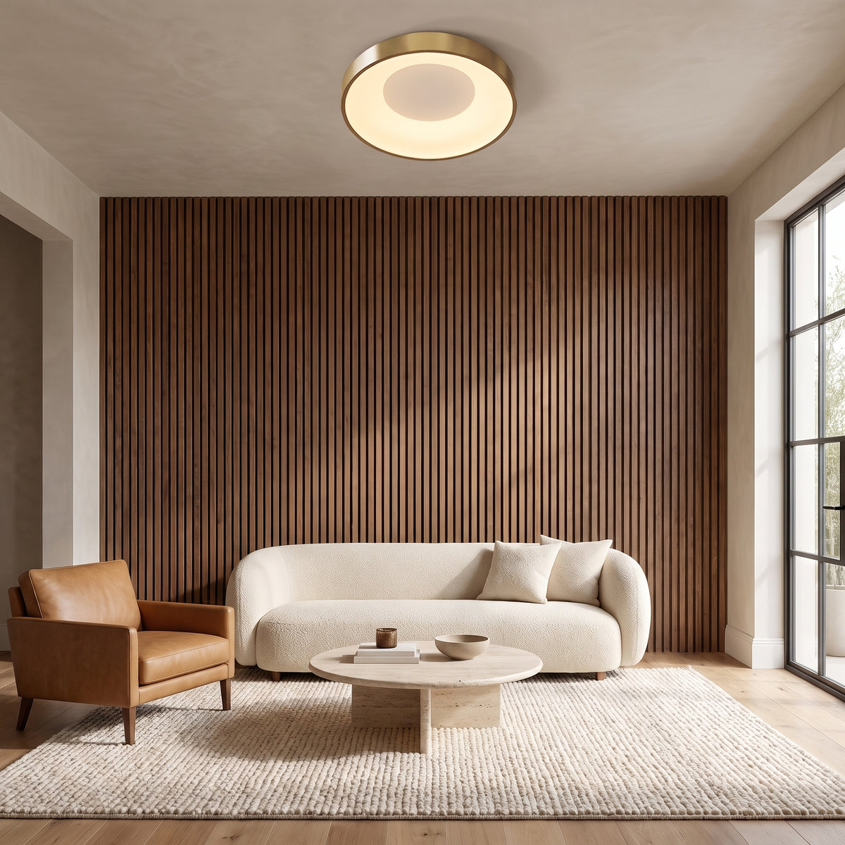 Alaric gold round flush mount ceiling light in a living room with a walnut slat wall