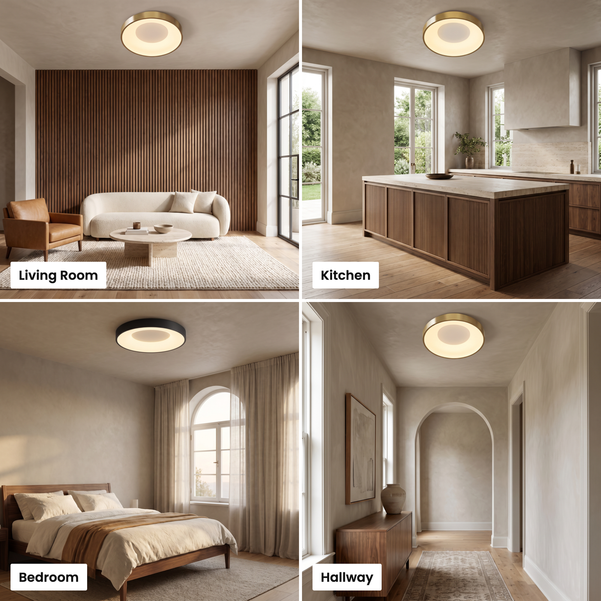 Alaric round flush mount ceiling light shown in living room, kitchen, bedroom and hallway settings