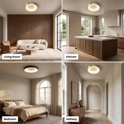 Alaric round flush mount ceiling light shown in living room, kitchen, bedroom and hallway settings