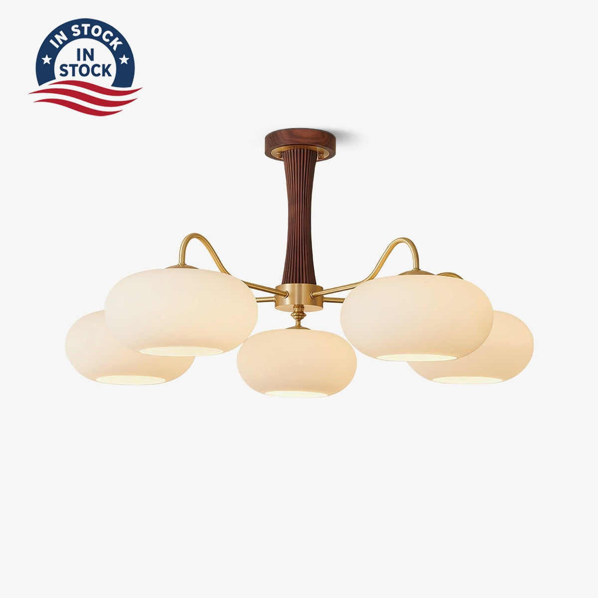 Hedda Wood & Brass Chandeliers for Dining Room, Persimmon Glass, 3 or 5 Lights, Hardwired