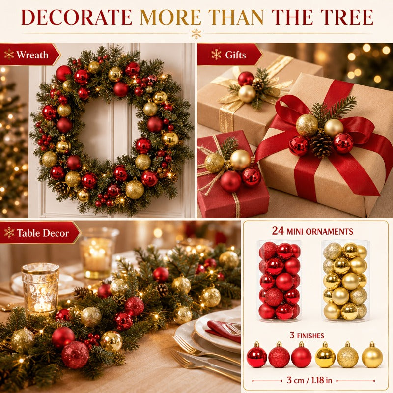 Matte and glossy red and gold Christmas ornaments for tree and wreath filling