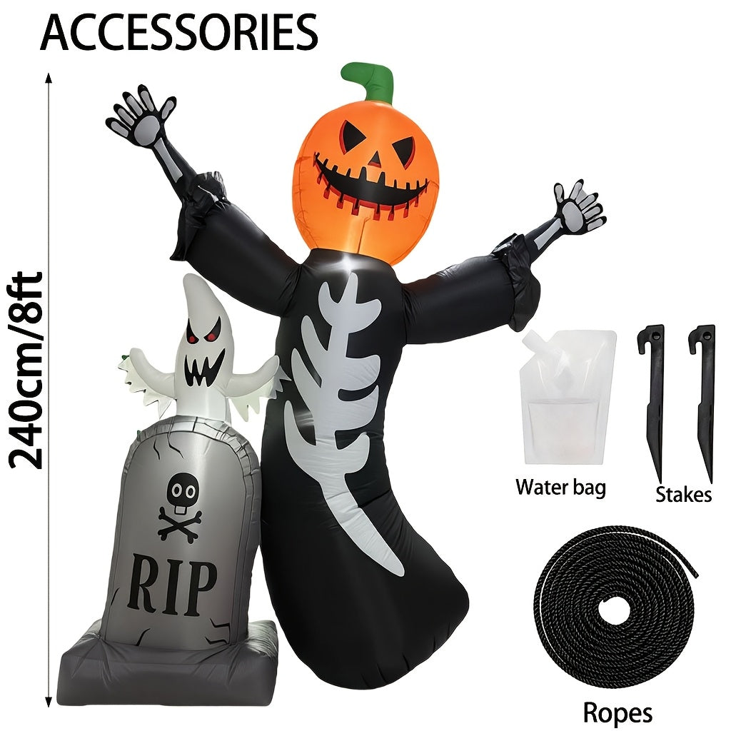 Pumpkin skull tombstone inflatable ghost set on a porch
