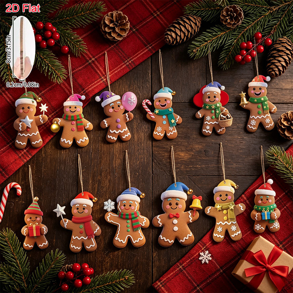 Christmas Tree Decorations, 12 Gingerbread Man Ornaments, 3.15 Inch Flat Wood Hanging Pendants