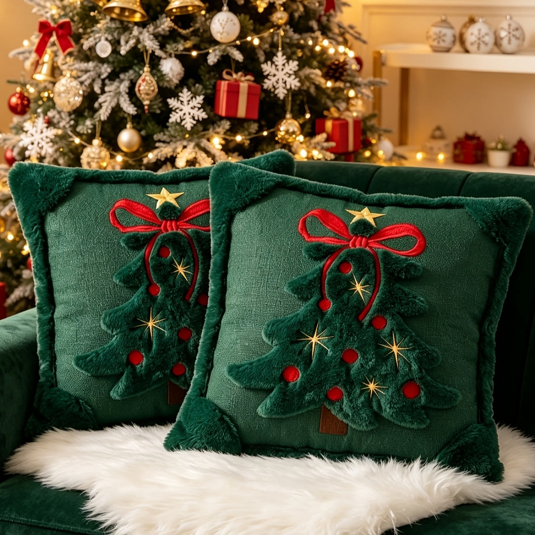 Christmas Pillow Covers, 2 Pack, 18 x 18 in Quilted Tree and Bow