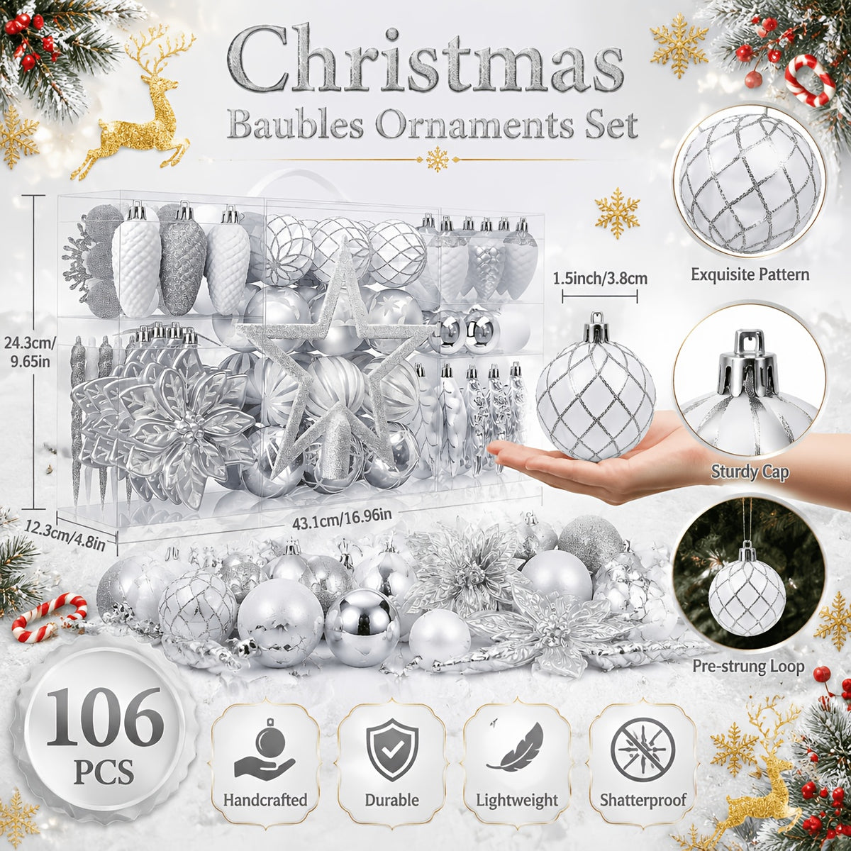 Christmas Ornaments Ball Set, 106 Colorful Shatterproof Baubles, Tree & Wedding Decor