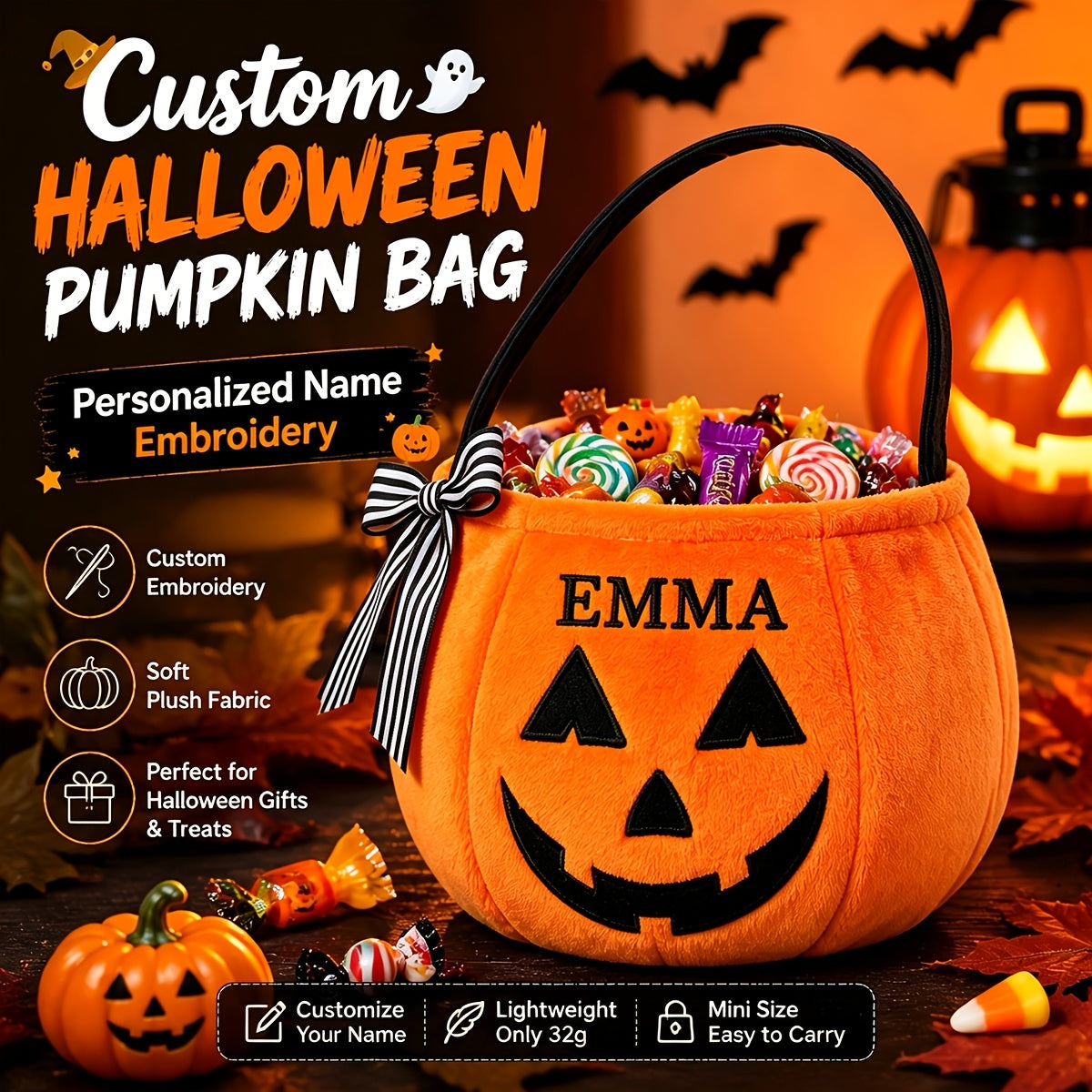 Personalized plush pumpkin Halloween candy bag with embroidered name and bow