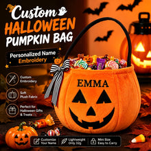 Personalized plush pumpkin Halloween candy bag with embroidered name and bow