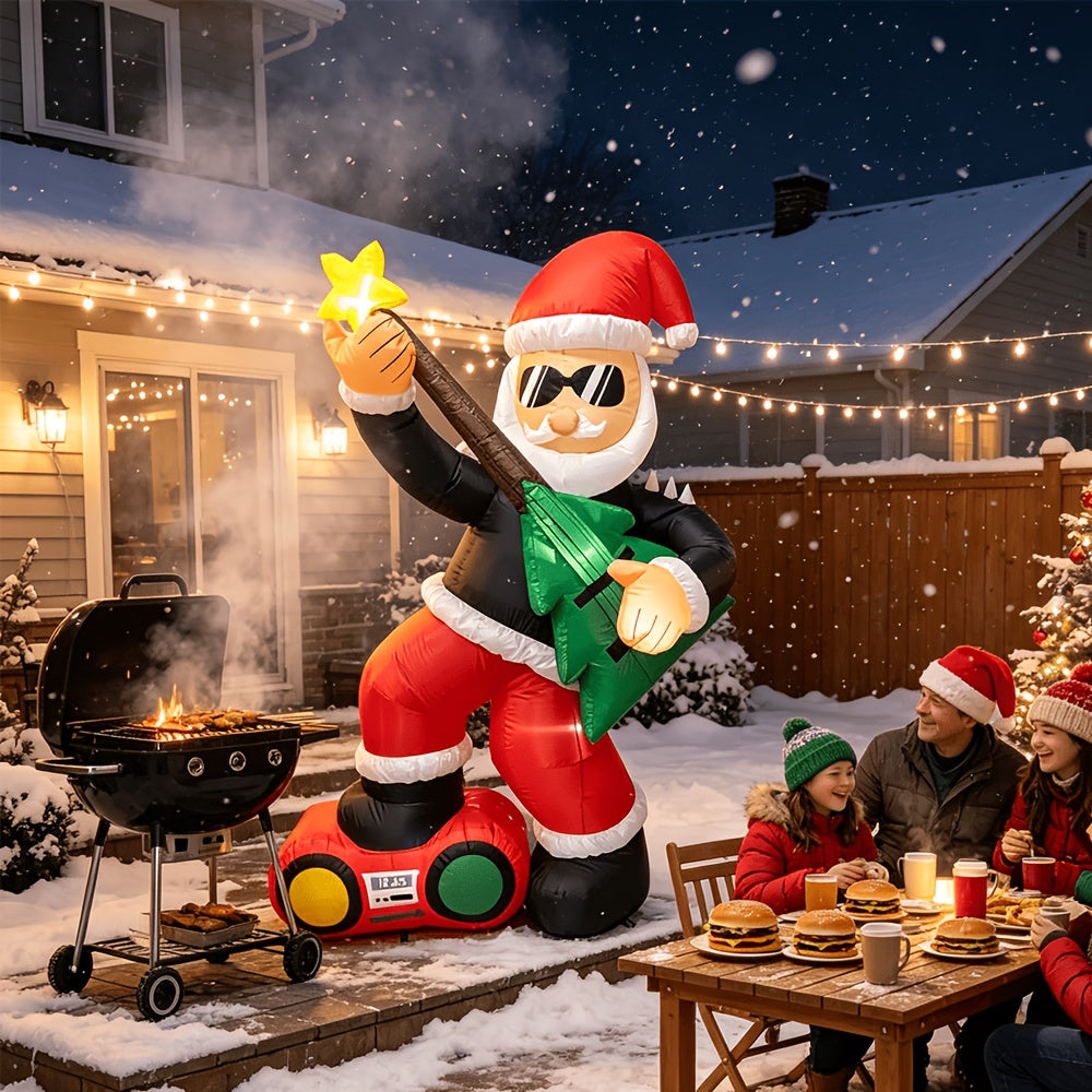 Christmas Yard Inflatable Decorations, 6 ft Rock Star Santa, LED Lighted, Guitar & Radio Base