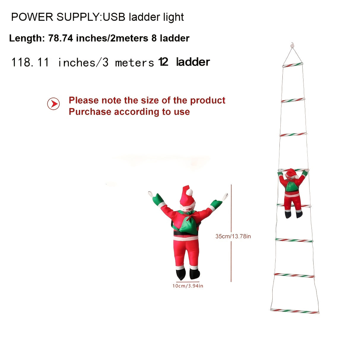 Close view of the Santa figure and the lit ladder rungs