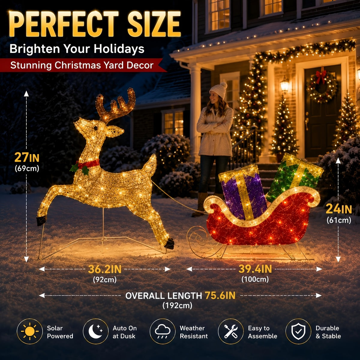Lighted Sleigh and Reindeer Christmas Decoration, Warm White LED, Solar & USB, Outdoor Decor