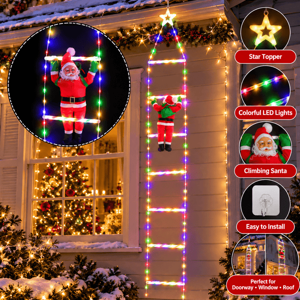 Outdoor Christmas Decorations, LED Ladder Lights with Climbing Santa and Star Topper