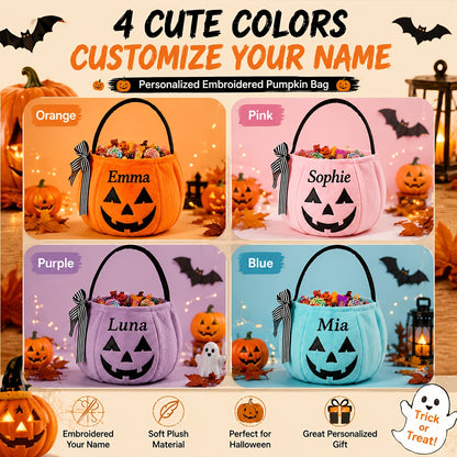 Personalized Embroidered Halloween Pumpkin Candy Bag, Custom Name Plush Candy Bucket with Bow