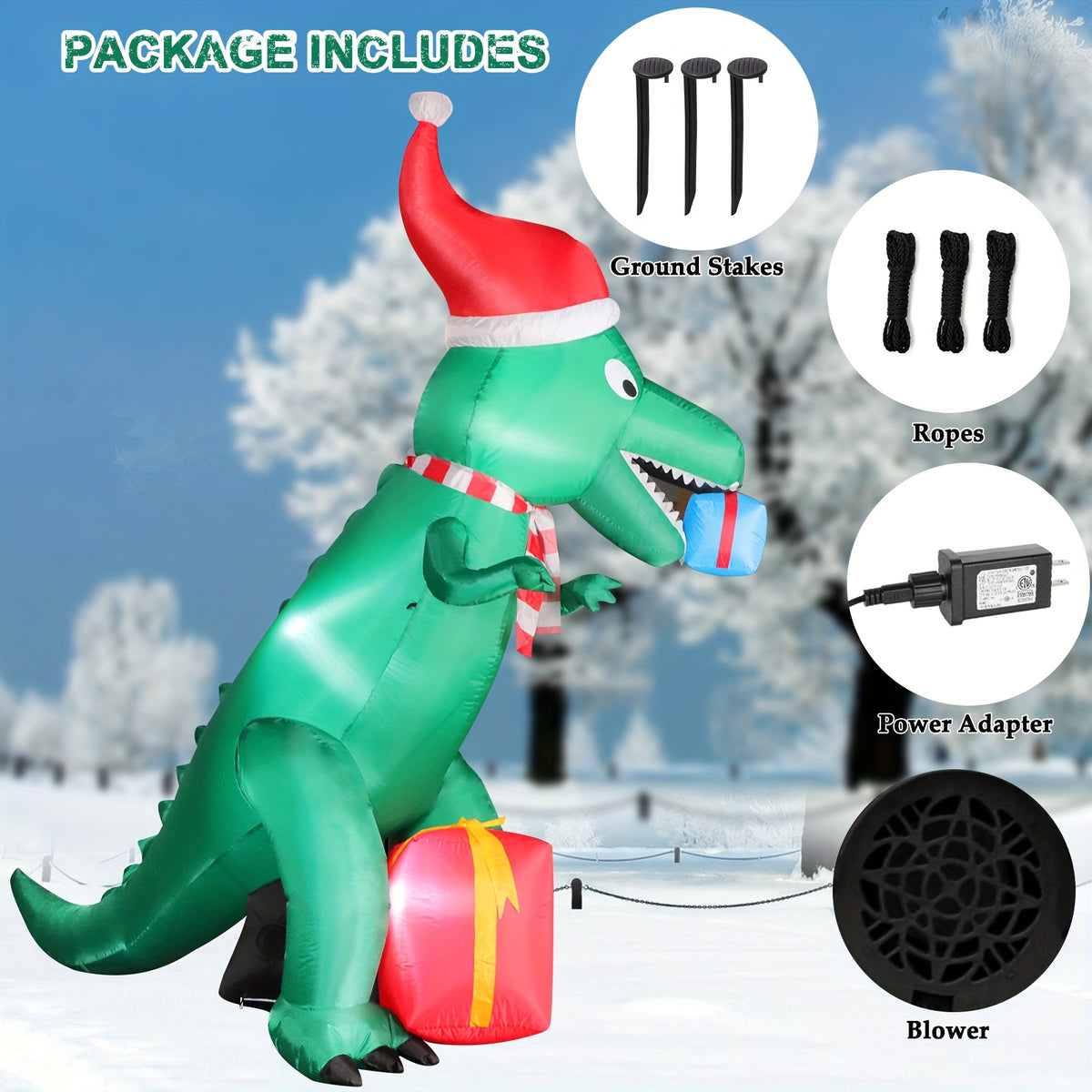 Inflatable dinosaur yard decoration for the holidays