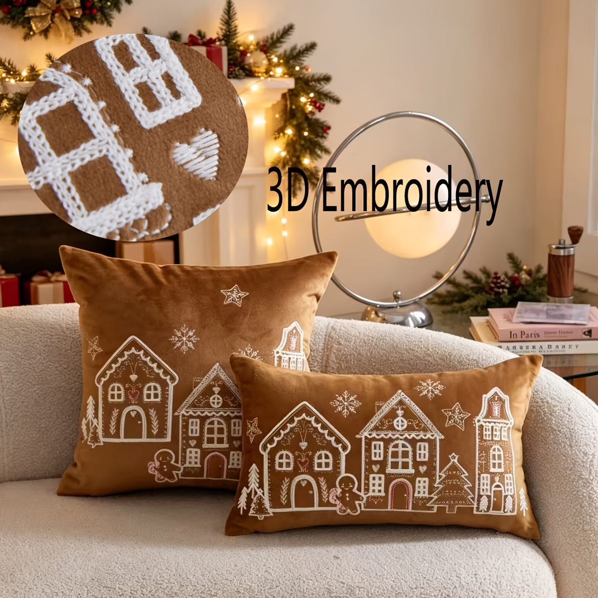 Coffee brown Christmas pillow cover with 3D embroidered motifs