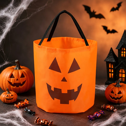 Orange polyester trick or treat tote bag with pumpkin print, front view