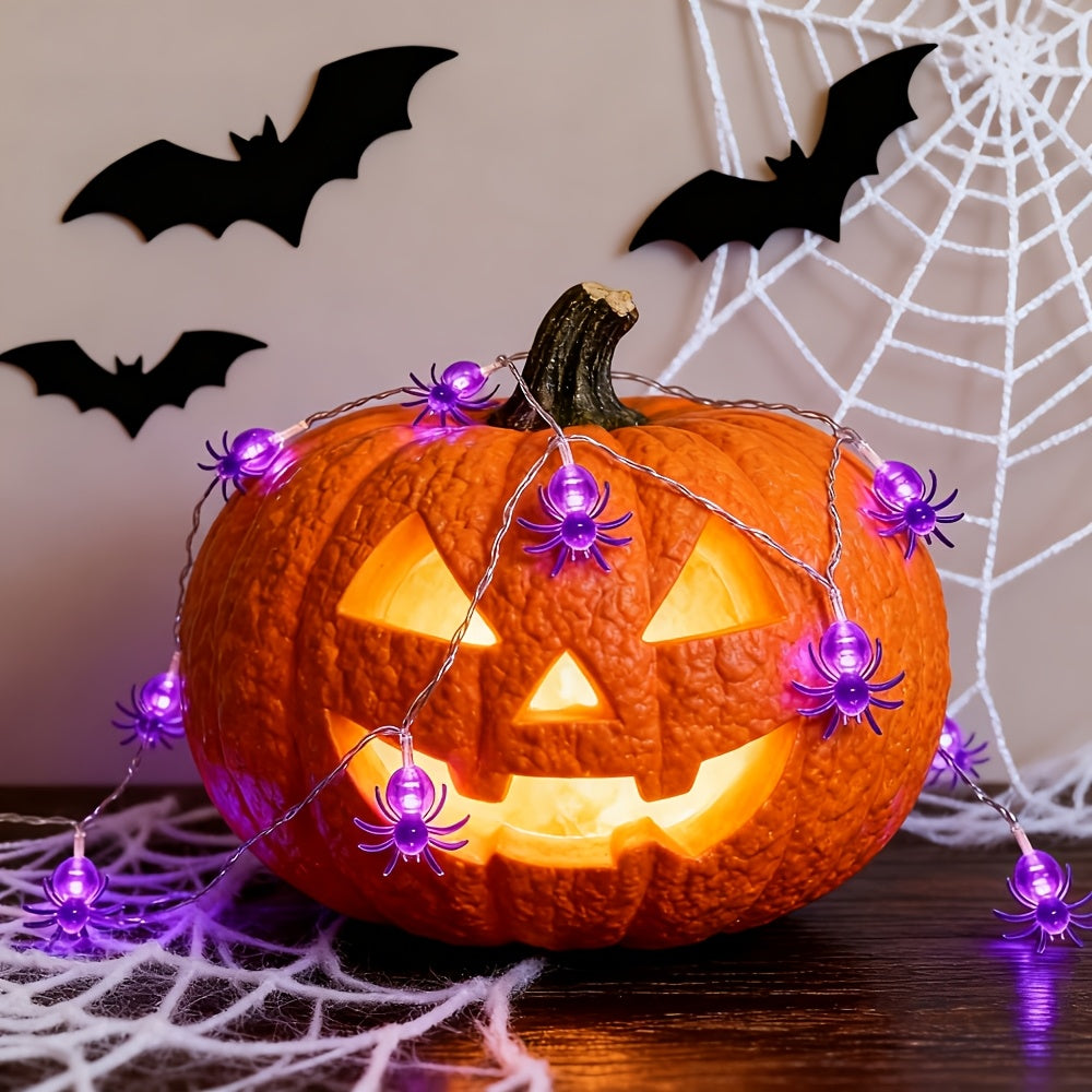 Purple spider Halloween LED light displayed in a haunted house scene