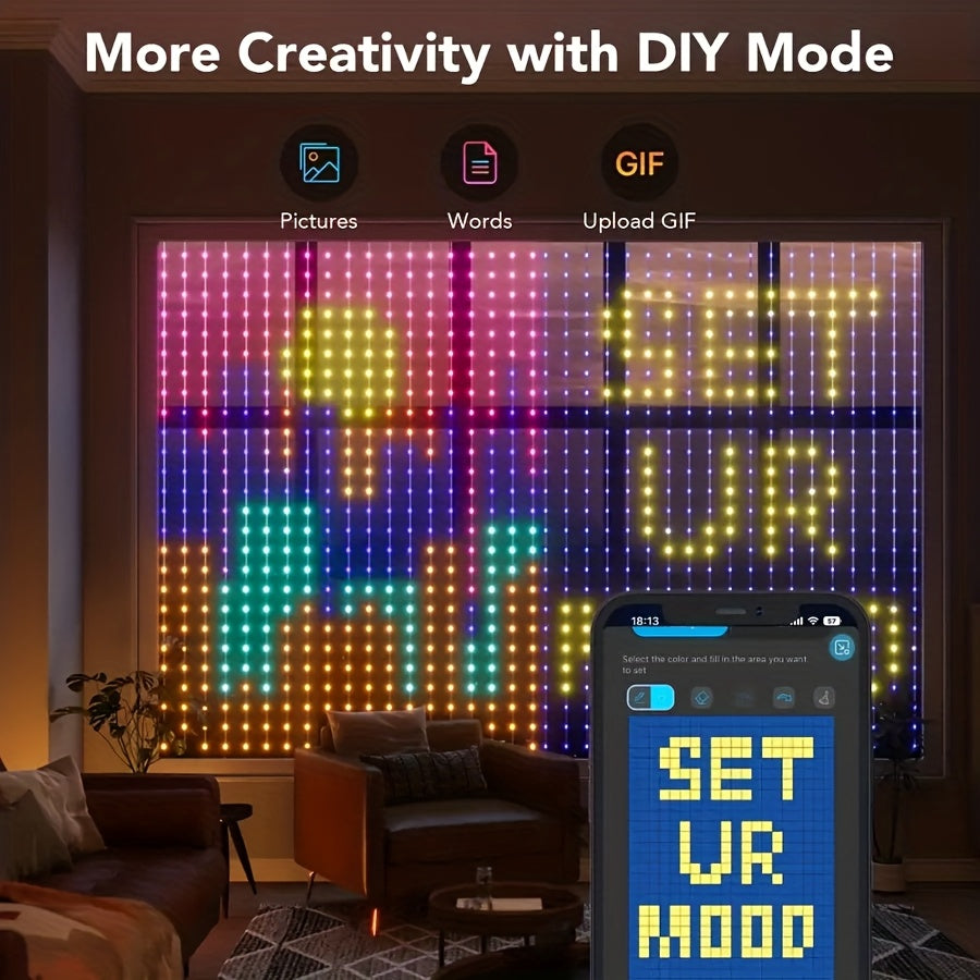LED curtain lights in music sync mode showing shifting colors