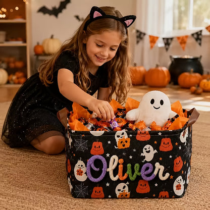 Custom Name Embroidered Halloween Storage Basket with Pumpkin Ghost Bat Pattern and Handles