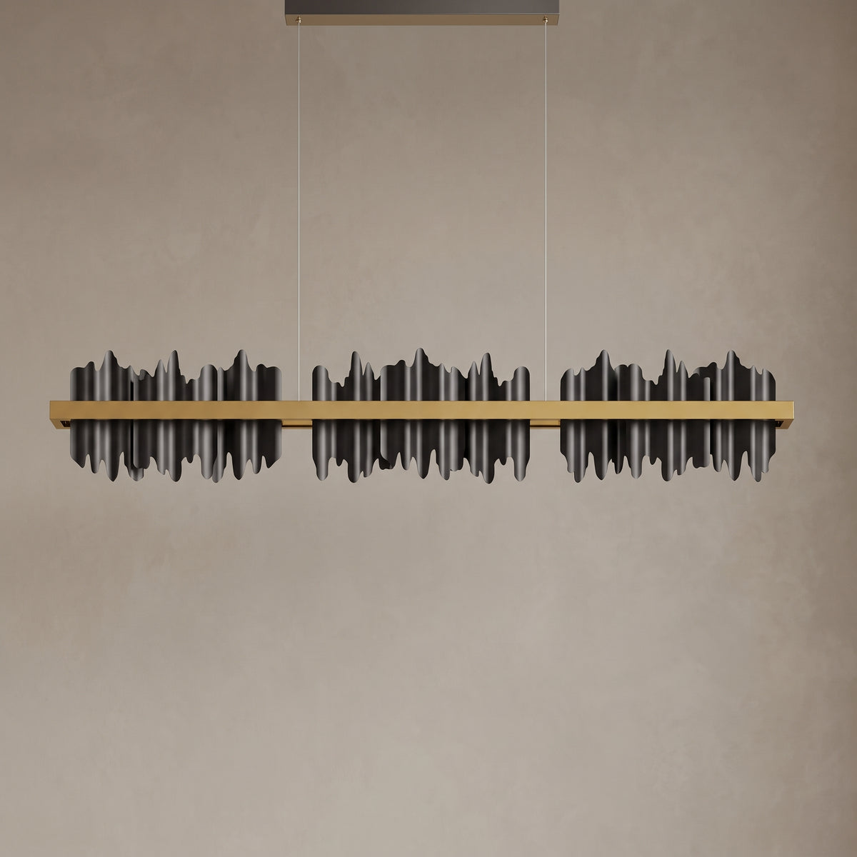 Jet black plate variant of the Cascade linear chandelier, close-up