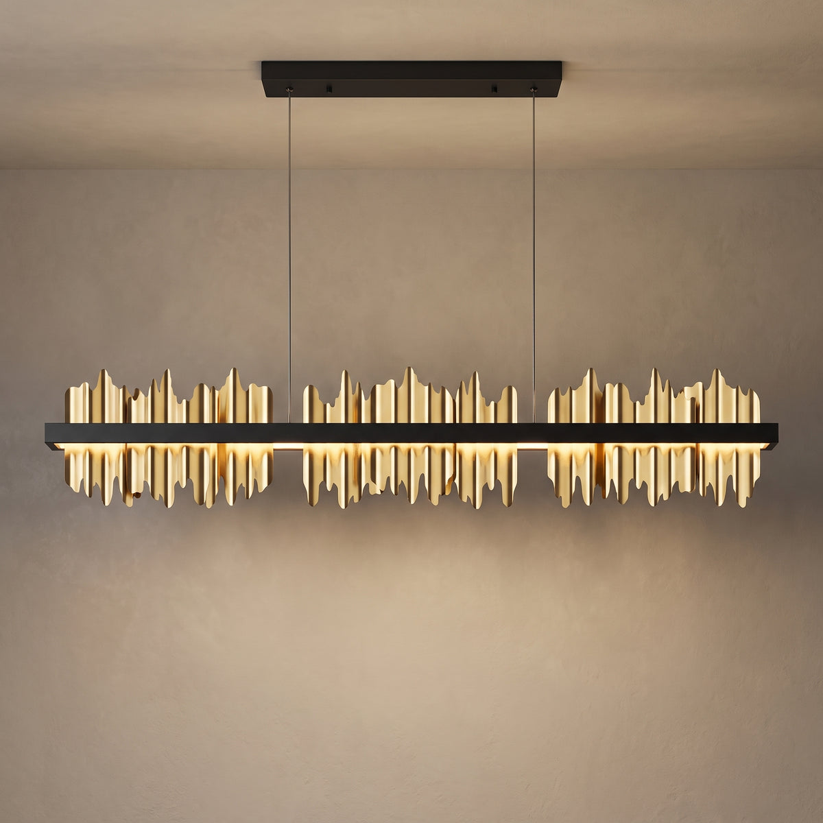Polished gold plate variant of the Cascade linear chandelier, close-up