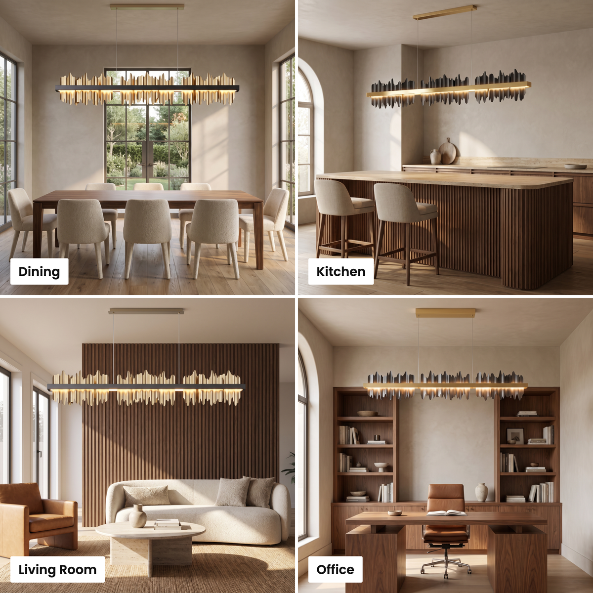 Cascade linear chandelier shown in dining, kitchen, living room and office settings