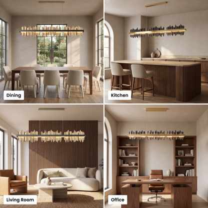 Cascade linear chandelier shown in dining, kitchen, living room and office settings