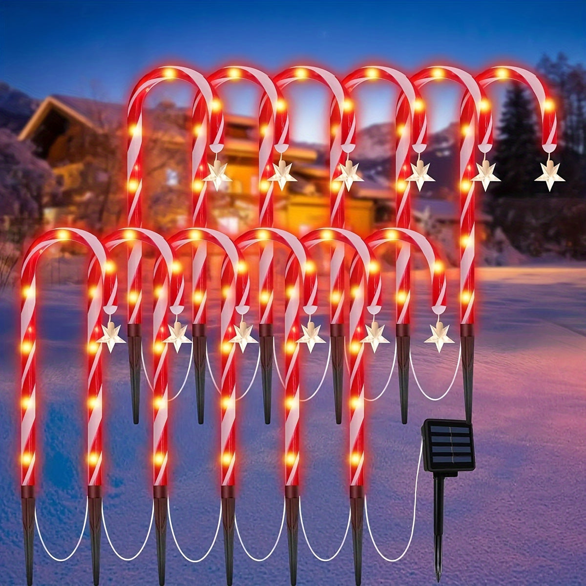 Candy cane solar stake light powered by a 1200 mAh lithium battery
