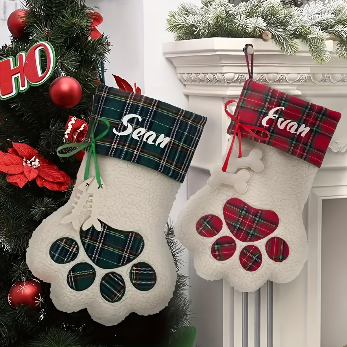Embroidered bear paw on plaid felt sock