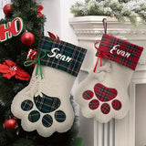Embroidered bear paw on plaid felt sock