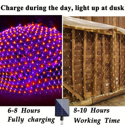 Orange and purple LED solar net lights draped over outdoor bushes for Halloween - view 7
