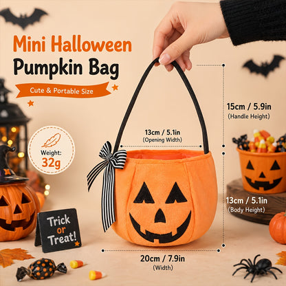 Four color options of the embroidered pumpkin candy bag: pink, lake blue, pumpkin orange, purple