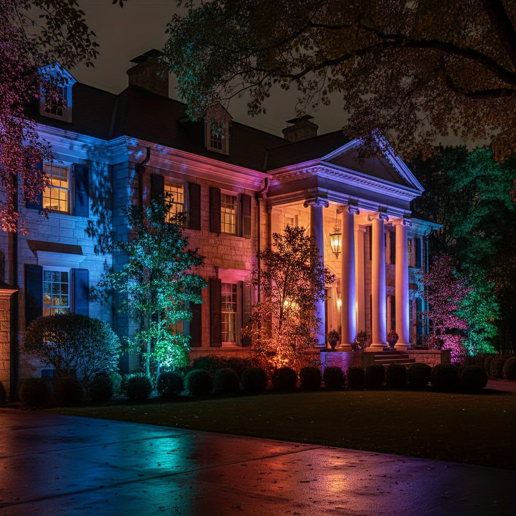 RGB landscape spotlights around garden bed