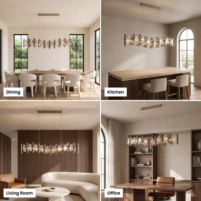 Celestial crystal pendant light shown in dining, kitchen, living room and office settings